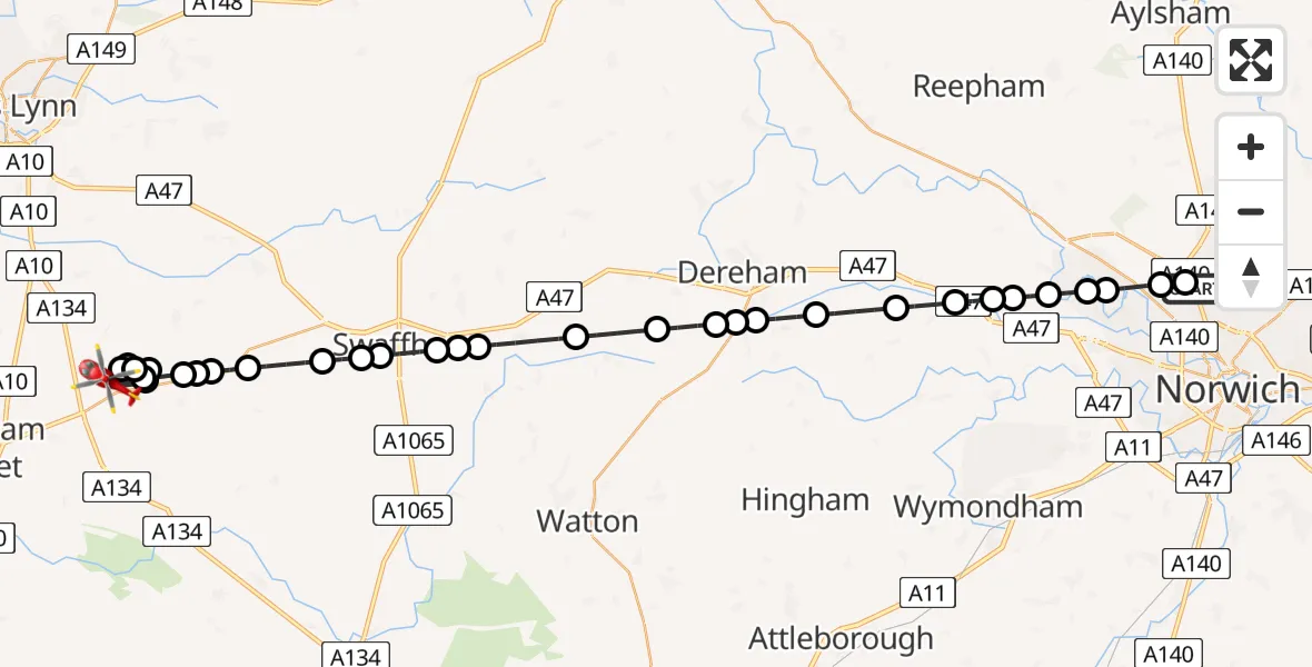 Flight path map showing Air Ambulance Helicopter route from Norwich Airport to Fincham