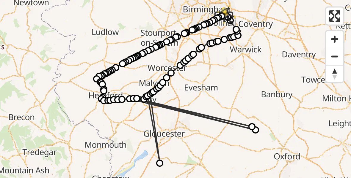 Flight path map showing Police Helicopter route from Birmingham to Birmingham Airport