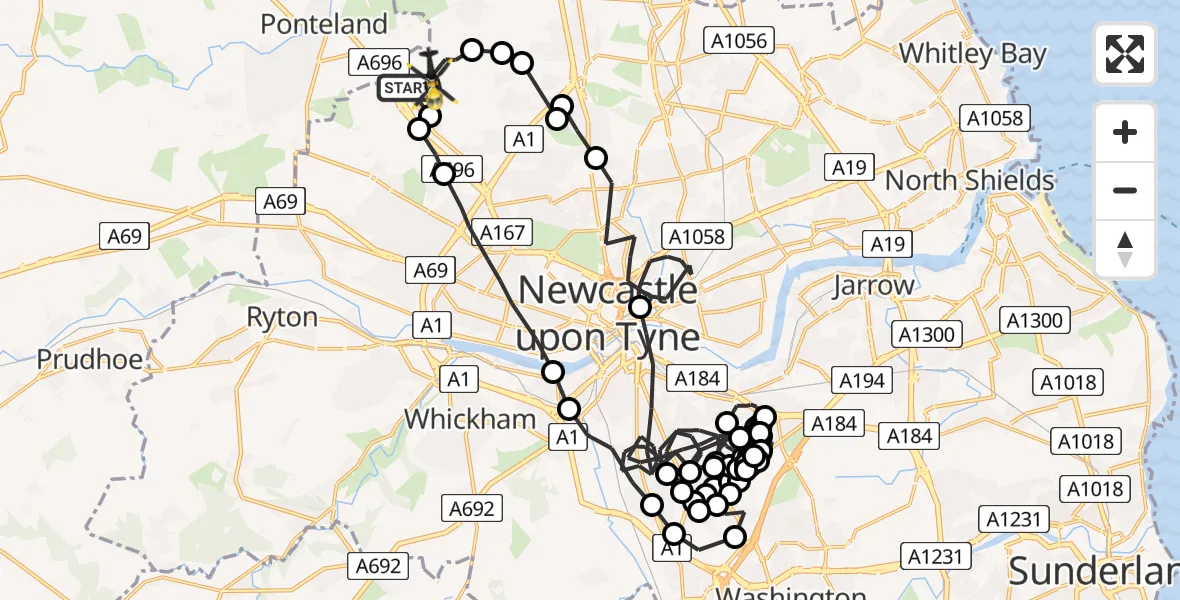 Flight path map showing Police Helicopter route from Newcastle International Airport to Newcastle International Airport