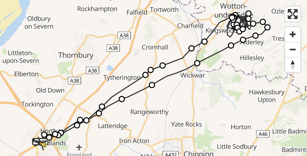 Flight path map showing Police Helicopter route from Almondsbury Helicopter Base to Almondsbury Helicopter Base