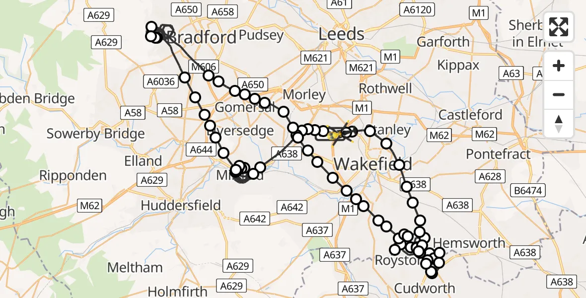 Flight path map showing Police Helicopter route from East Ardsley to East Ardsley