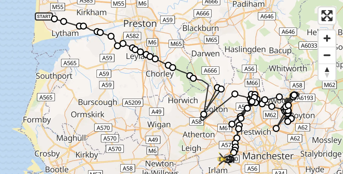 Flight path map showing Police Helicopter route from Blackpool Airport to Manchester Barton Aerodrome