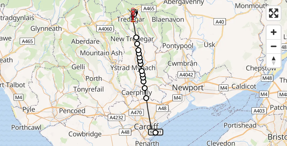 Flight path map showing Air Ambulance Helicopter route from Cardiff Heliport to Tredegar