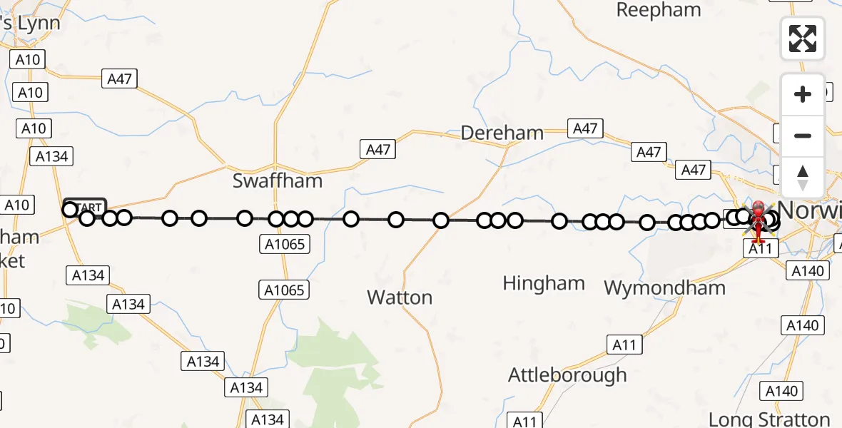 Flight path map showing Air Ambulance Helicopter route from Fincham to Norfolk & Norwich Hospital