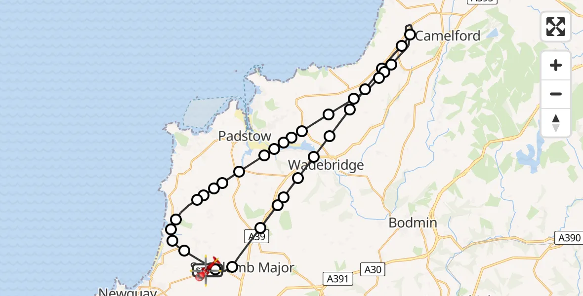 Flight path map showing Air Ambulance Helicopter route from Cornwall Airport Newquay to Cornwall Airport Newquay