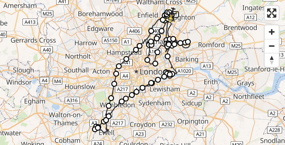 Flight path map showing Police Helicopter route from Metropolitan Police Air Support Unit Lippitts Hill to Metropolitan Police Air Support Unit Lippitts Hill