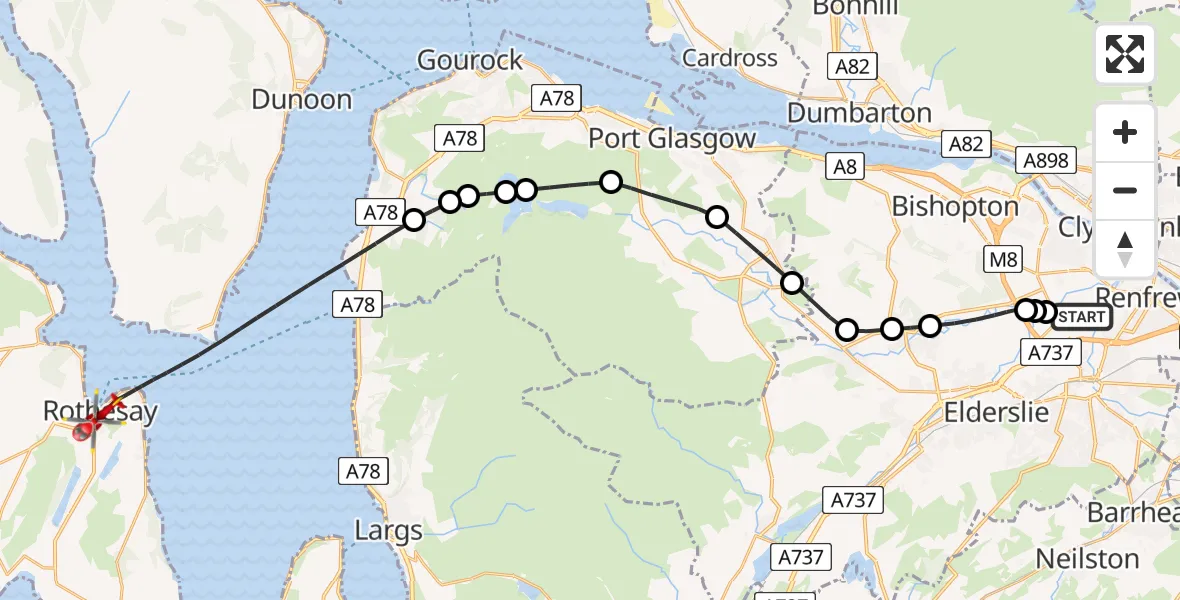 Flight path map showing Air Ambulance Helicopter route from Glasgow Airport to Inner Seas
