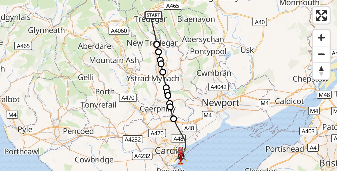 Flight path map showing Air Ambulance Helicopter route from Tredegar to Cardiff Heliport