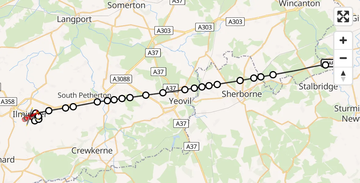 Flight path map showing Air Ambulance Helicopter route from Henstridge Airfield to Ilminster