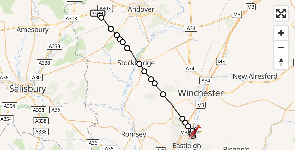 Flight path map showing Air Ambulance Helicopter route from Thruxton Aerodrome to Colden Common