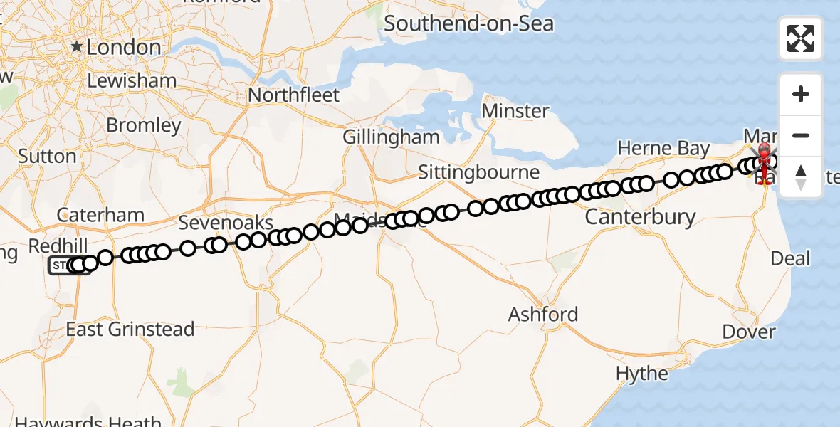 Flight path map showing Air Ambulance Helicopter route from Redhill Aerodrome to Manston Airport