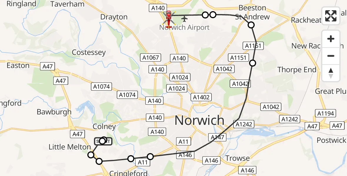 Flight path map showing Air Ambulance Helicopter route from Norfolk & Norwich Hospital to Norwich Airport