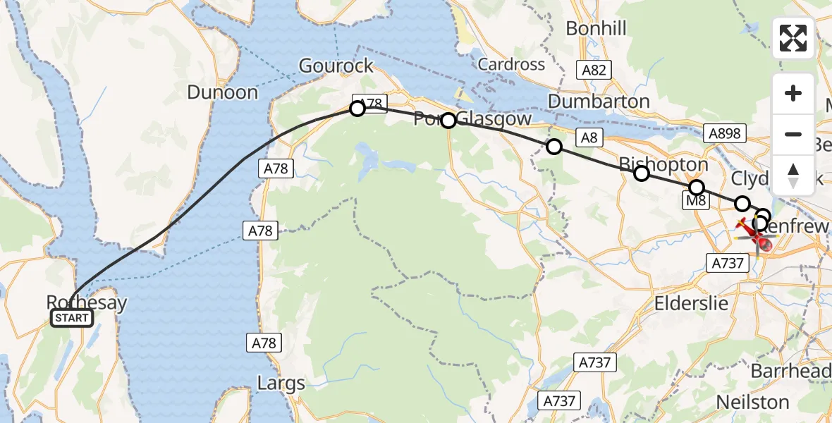 Flight path map showing Air Ambulance Helicopter route from Inner Seas to Glasgow Airport