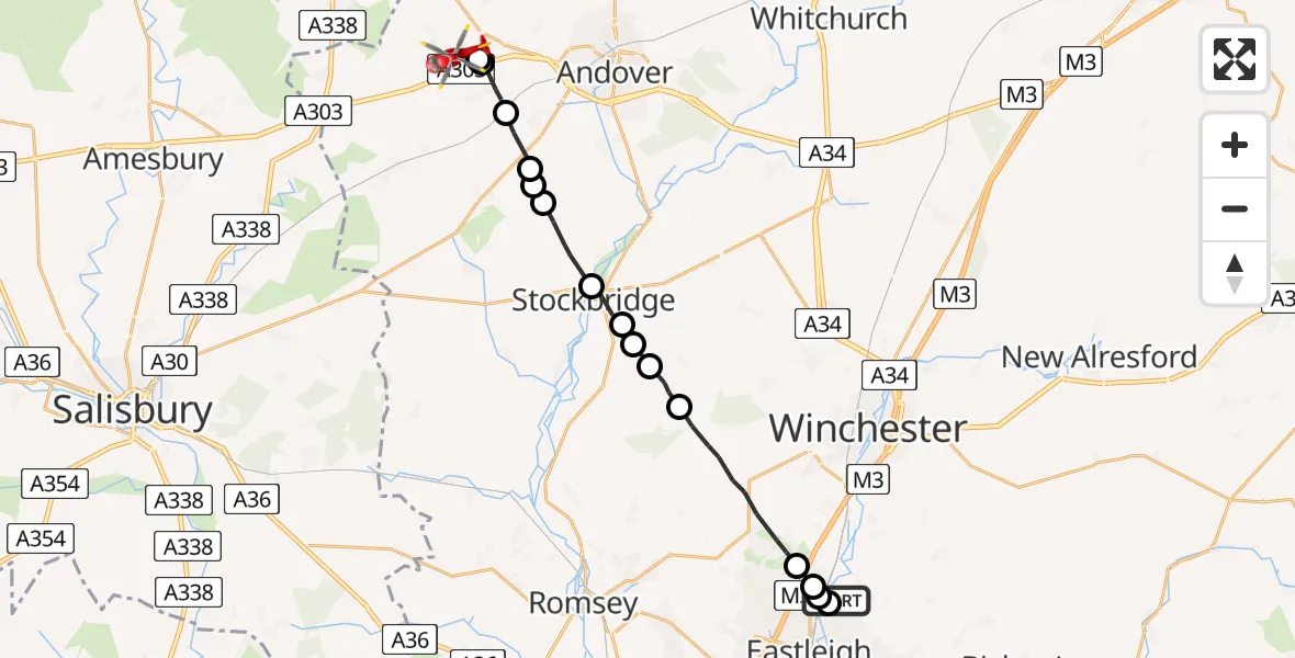 Flight path map showing Air Ambulance Helicopter route from Colden Common to Fyfield