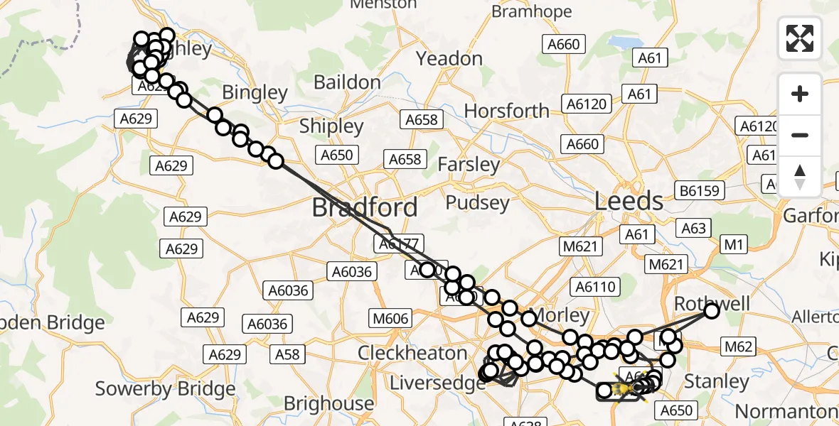 Flight path map showing Police Helicopter route from East Ardsley to East Ardsley