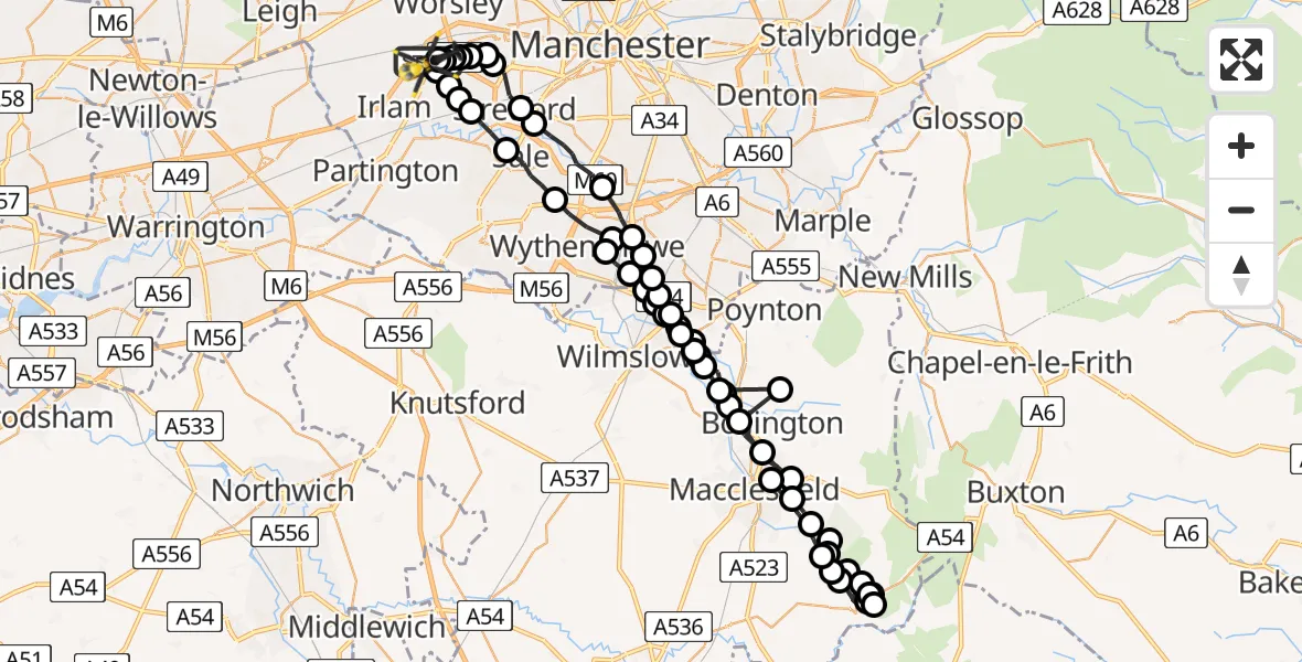 Flight path map showing Police Helicopter route from Manchester Barton Aerodrome to Manchester Barton Aerodrome