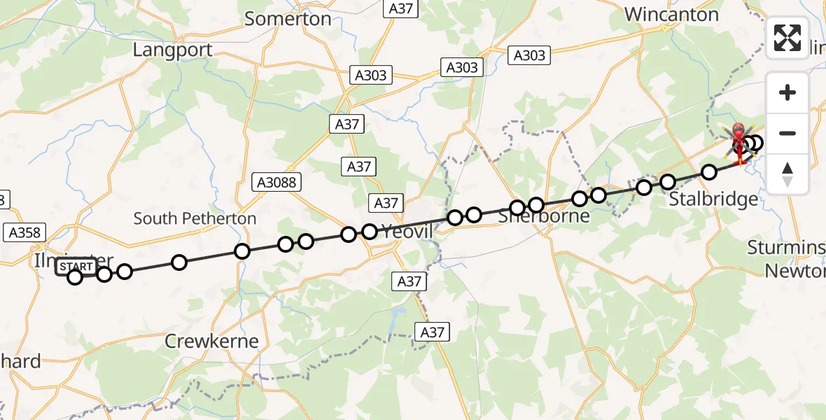 Flight path map showing Air Ambulance Helicopter route from Ilminster to Henstridge Airfield
