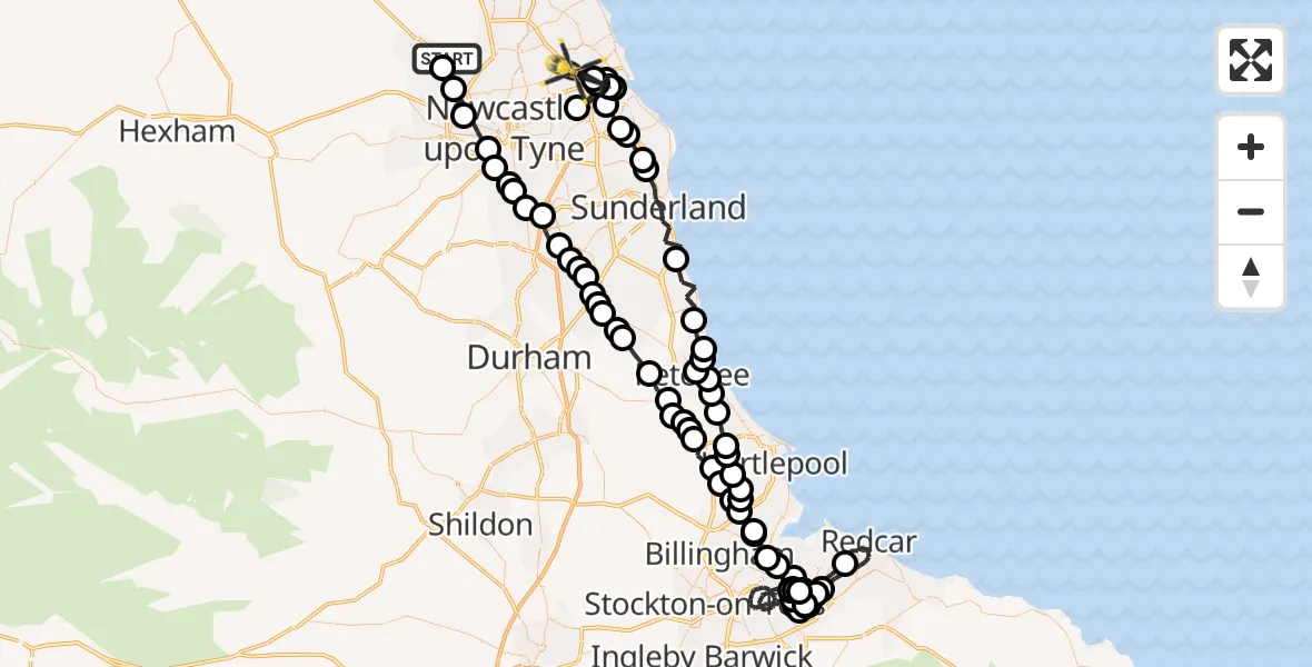 Flight path map showing Police Helicopter route from Newcastle International Airport to New York