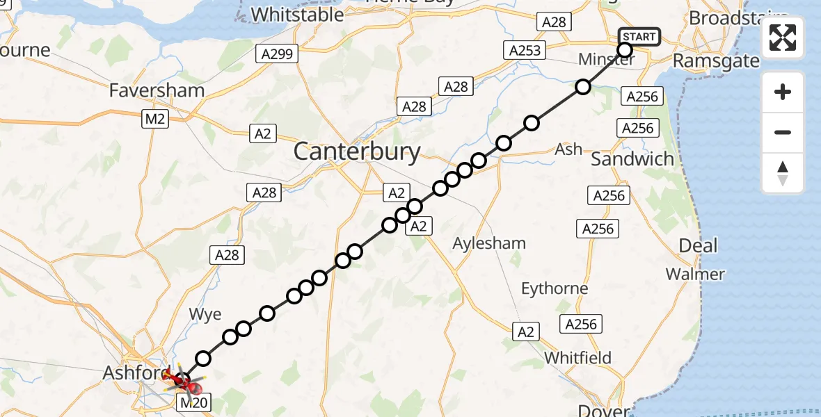 Flight path map showing Air Ambulance Helicopter route from Manston Airport to Sevington