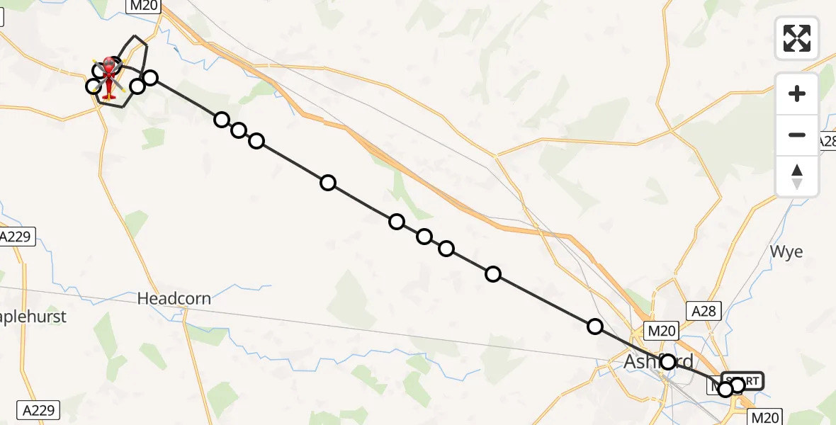 Flight path map showing Air Ambulance Helicopter route from Sevington to Langley Heath