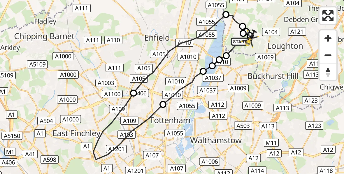 Flight path map showing Police Helicopter route from Sewardstonebury to Metropolitan Police Air Support Unit Lippitts Hill