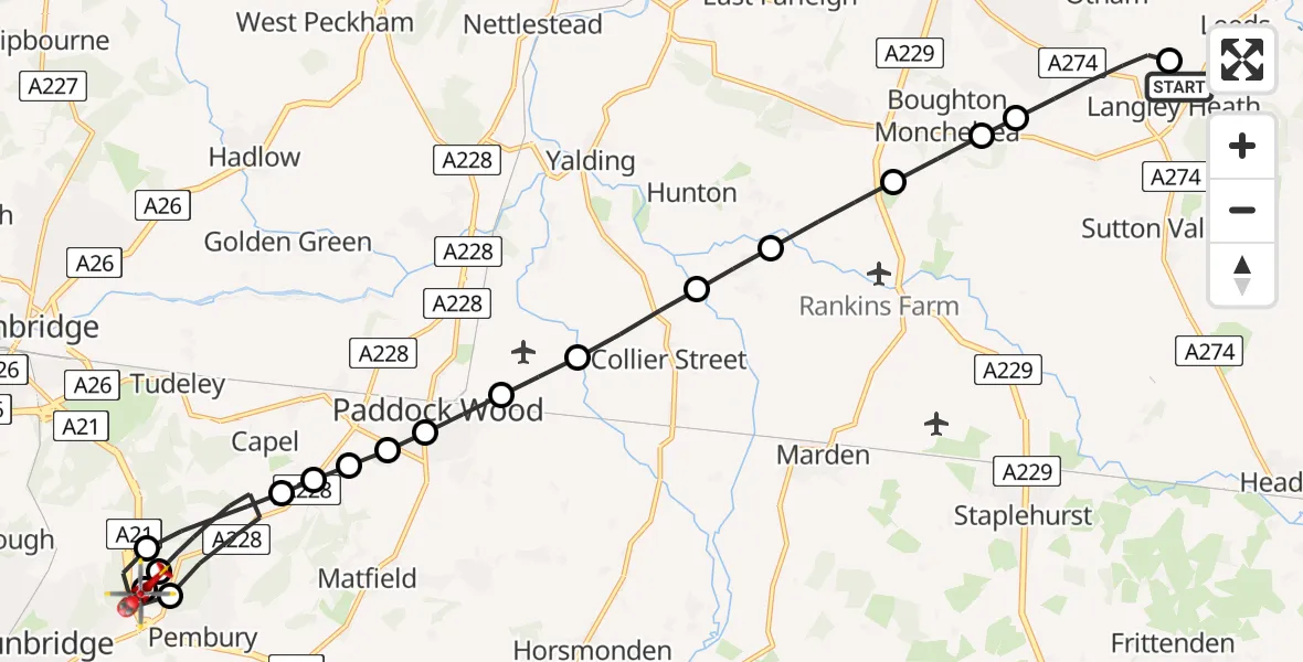 Flight path map showing Air Ambulance Helicopter route from Langley Heath to Tunbridge Wells Hospital Heliport