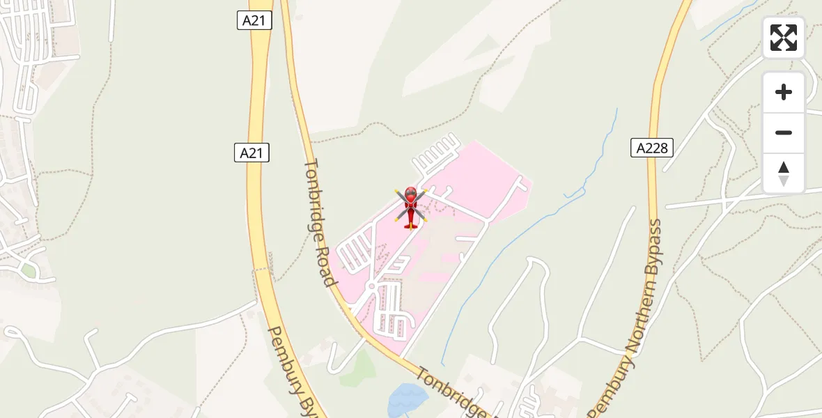 Flight path map showing Air Ambulance Helicopter route from Tunbridge Wells Hospital Heliport to Tunbridge Wells Hospital Heliport