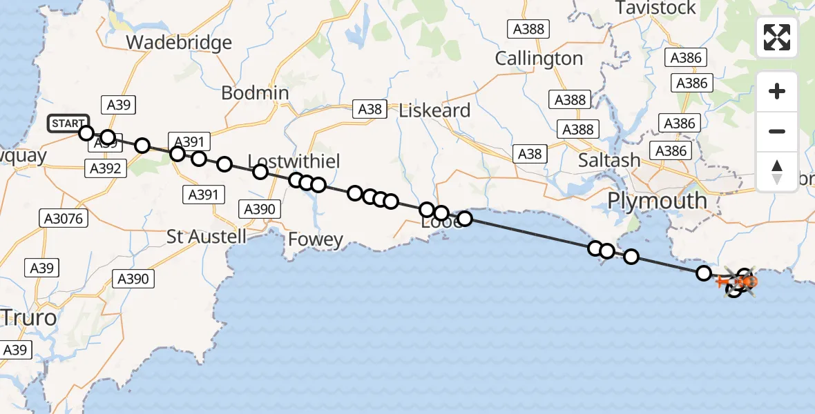 Flight path map showing Coastguard Helicopter route from Cornwall Airport Newquay to South Hams