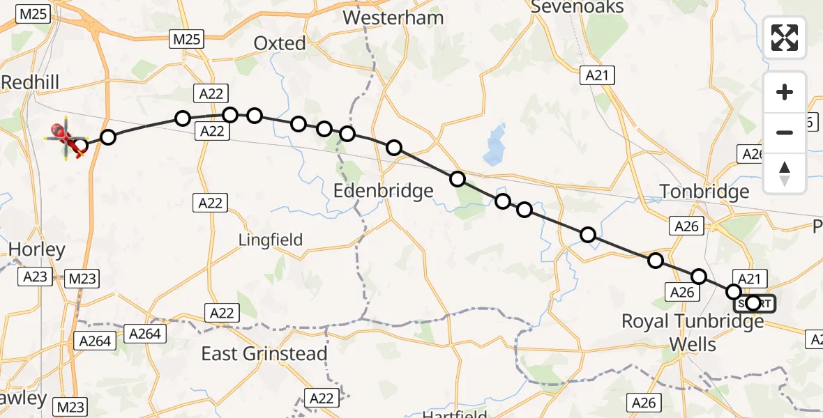 Flight path map showing Air Ambulance Helicopter route from Tunbridge Wells Hospital Heliport to Redhill Aerodrome