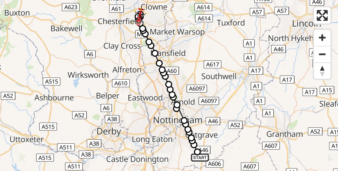 Flight path map showing Air Ambulance Helicopter route from Widmerpool to Duckmanton