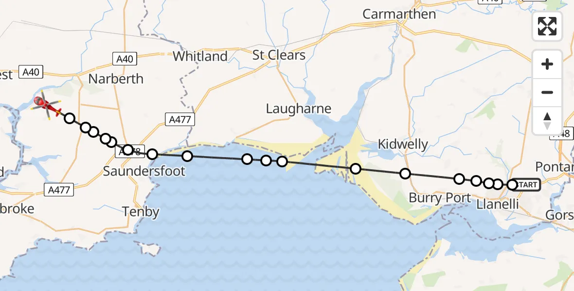 Flight path map showing Air Ambulance Helicopter route from Dafen to Landshipping