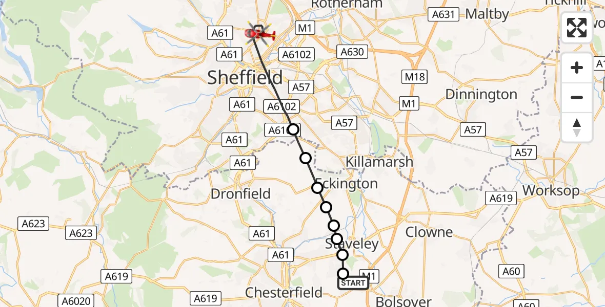 Flight path map showing Air Ambulance Helicopter route from Duckmanton to Sheffield