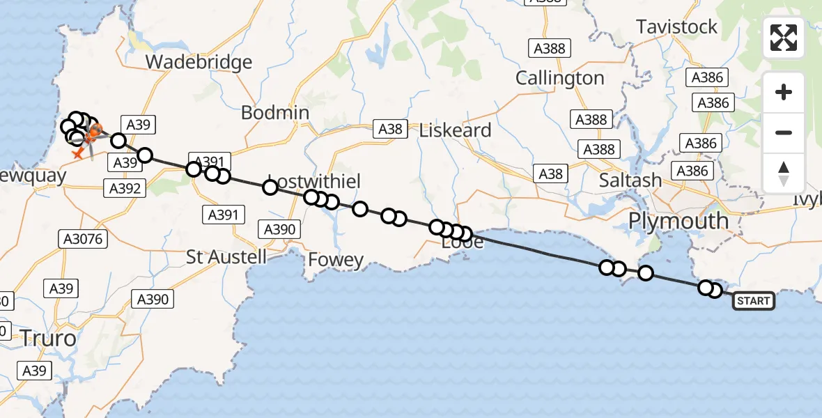 Routekaart van de vlucht: Coastguard Helicopter to Cornwall Airport Newquay