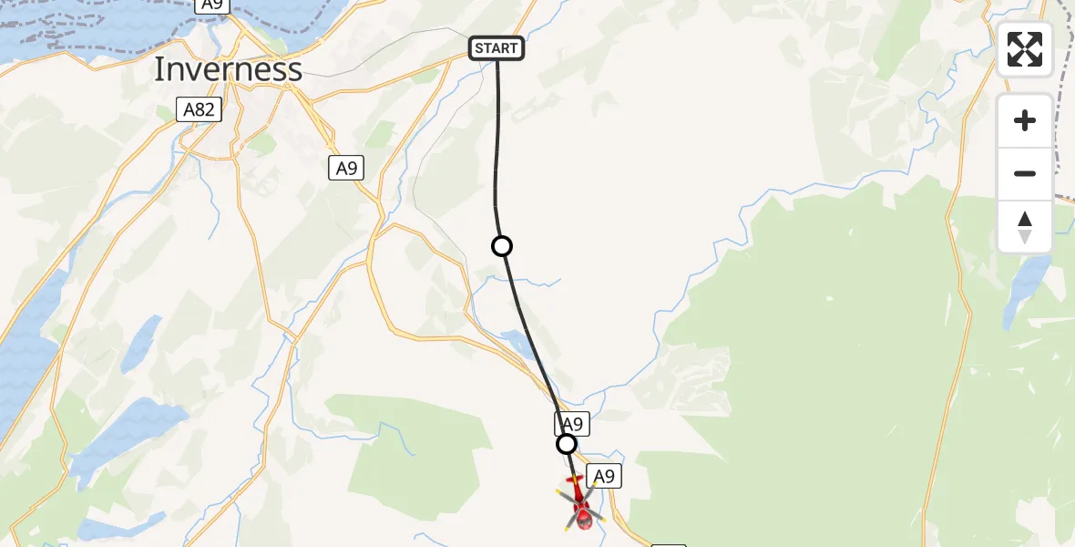 Flight path map showing Air Ambulance Helicopter route from Newlands of Culloden to Tomatin