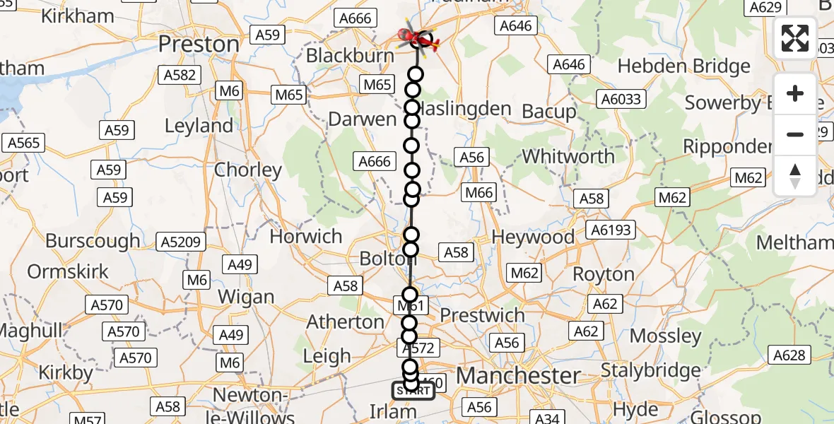 Flight path map showing Air Ambulance Helicopter route from Manchester Barton Aerodrome to Church