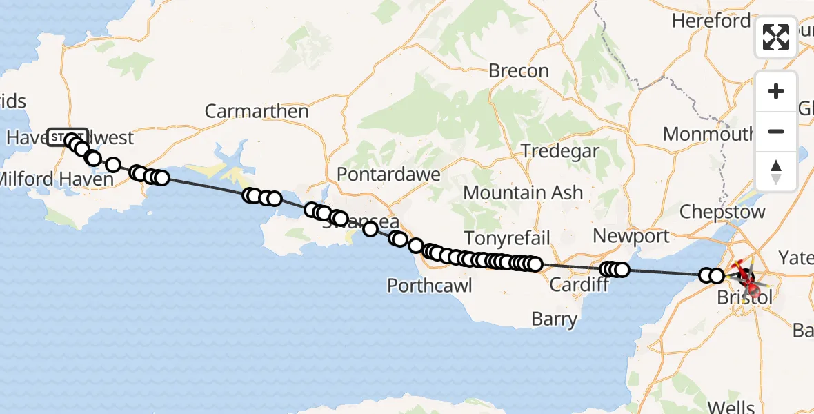 Flight path map showing Air Ambulance Helicopter route from Haverfordwest to Bristol