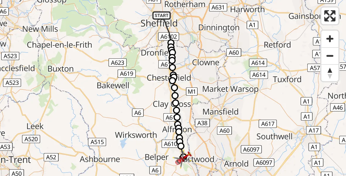 Flight path map showing Air Ambulance Helicopter route from Sheffield to Heanor