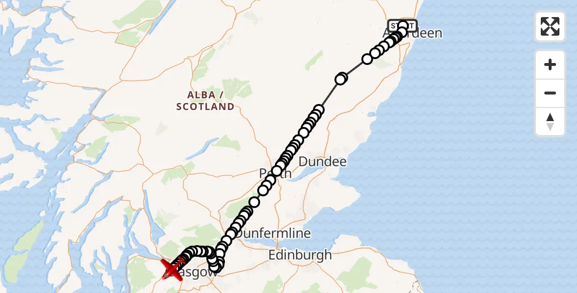 Flight path map showing Air Ambulance Aircraft route from Aberdeen International Airport to Glasgow Airport