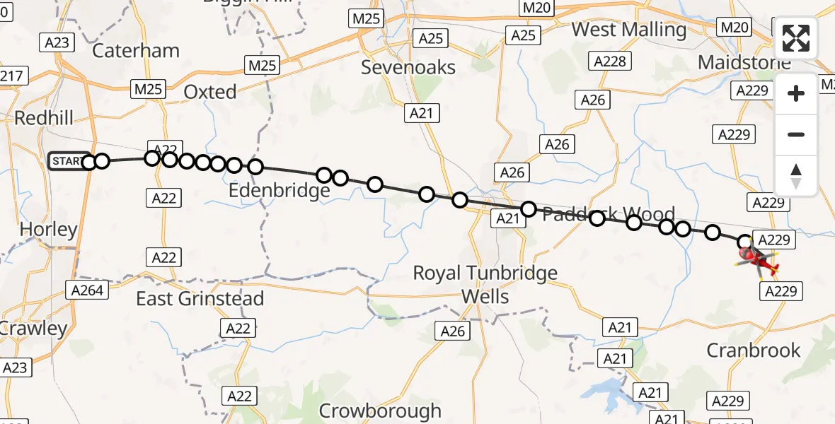 Flight path map showing Air Ambulance Helicopter route from Redhill Aerodrome to Staplehurst