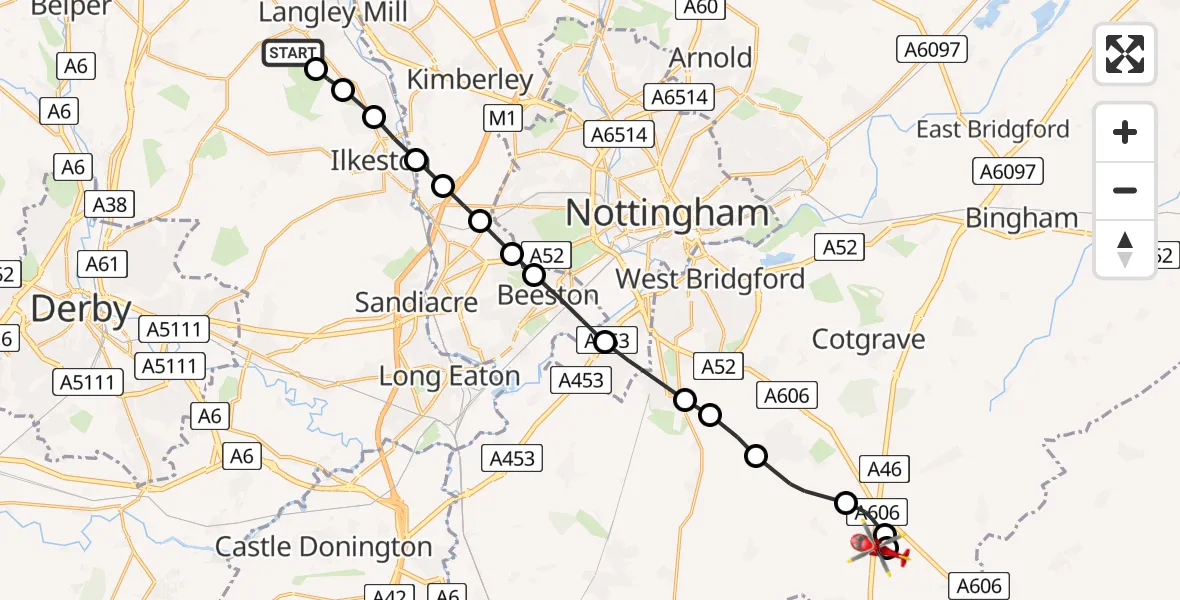 Flight path map showing Air Ambulance Helicopter route from Heanor to Nottingham Heliport