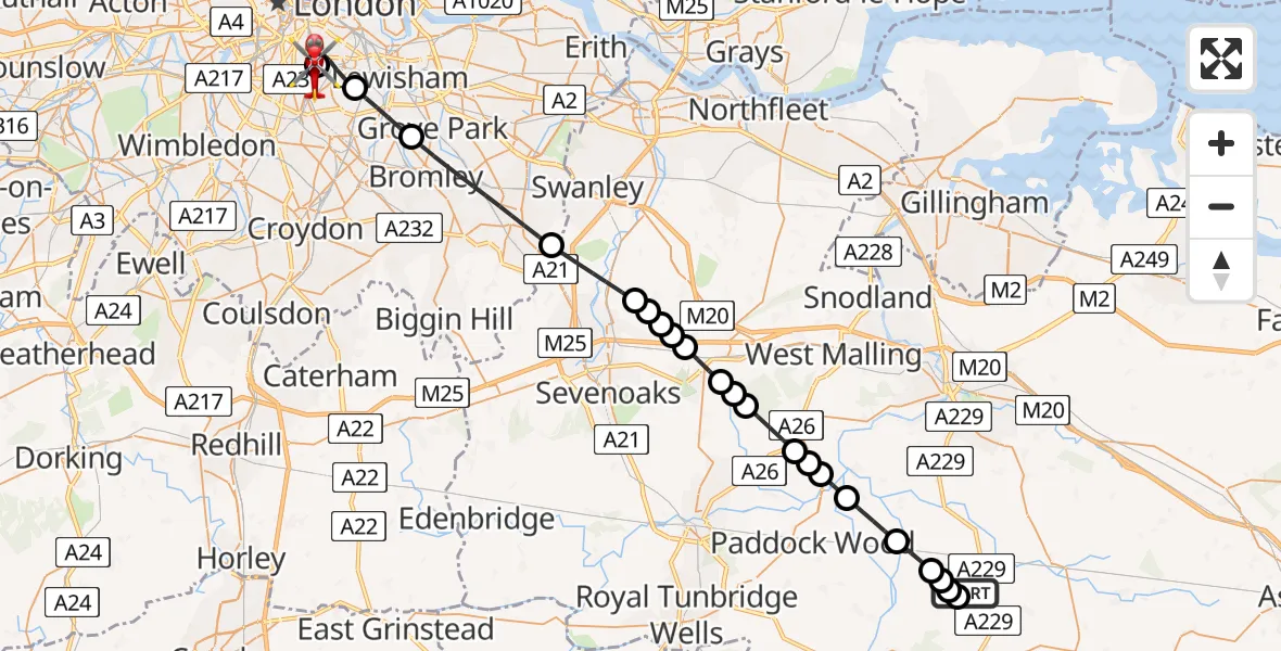 Flight path map showing Air Ambulance Helicopter route from Staplehurst to Kings College London Hospital