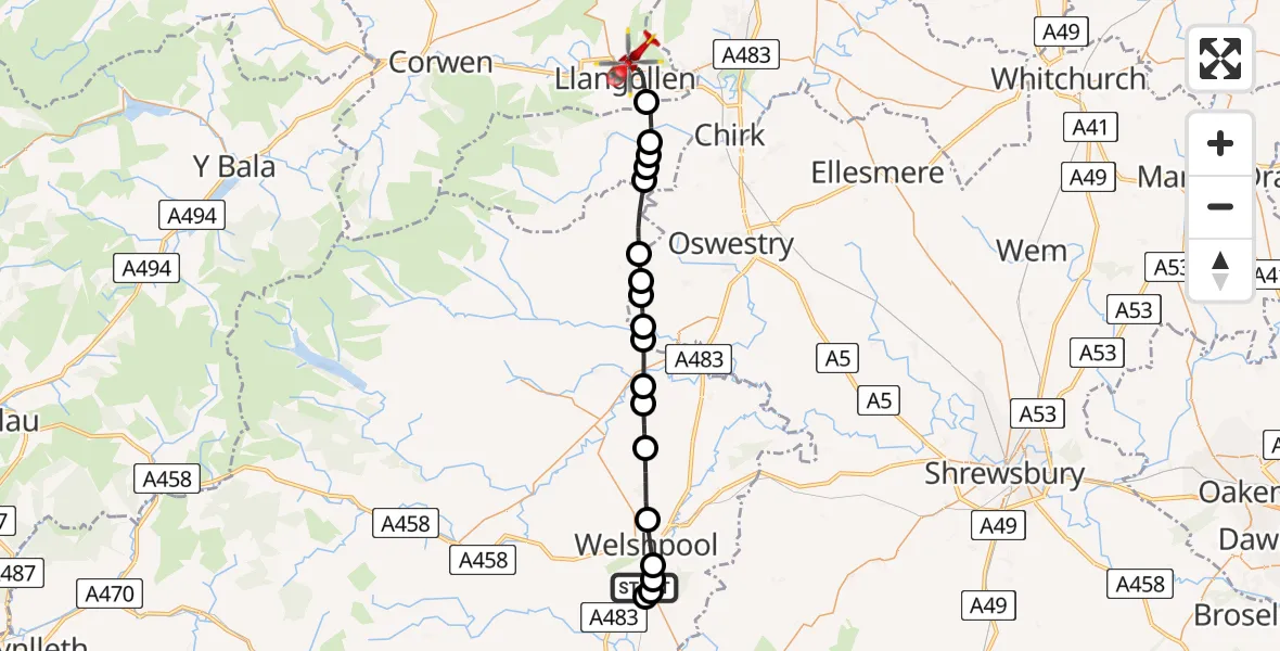 Flight path map showing Air Ambulance Helicopter route from Welshpool Airport to Llangollen