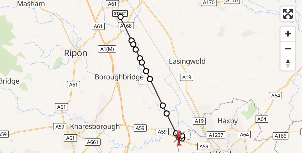 Flight path map showing Air Ambulance Helicopter route from RAF Topcliffe to Moor Monkton