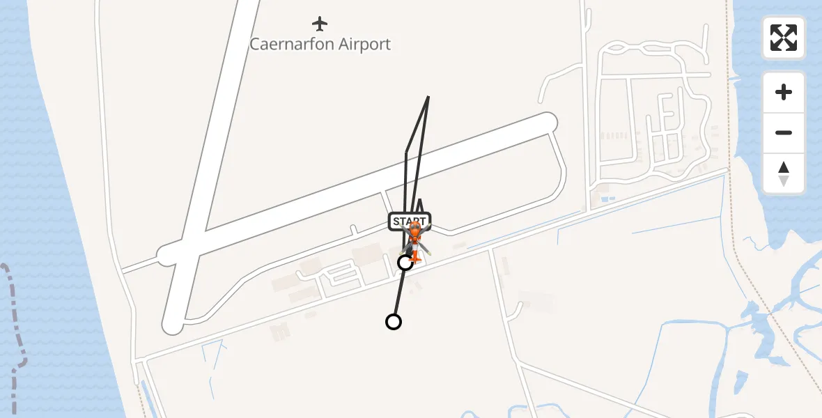 Flight path map showing Coastguard Helicopter route from Caernarfon Airport to Caernarfon Airport