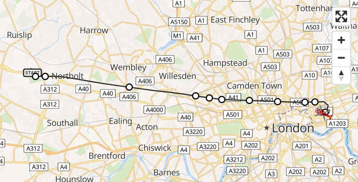 Flight path map showing Air Ambulance Helicopter route from RAF Northolt to Royal London Hospital