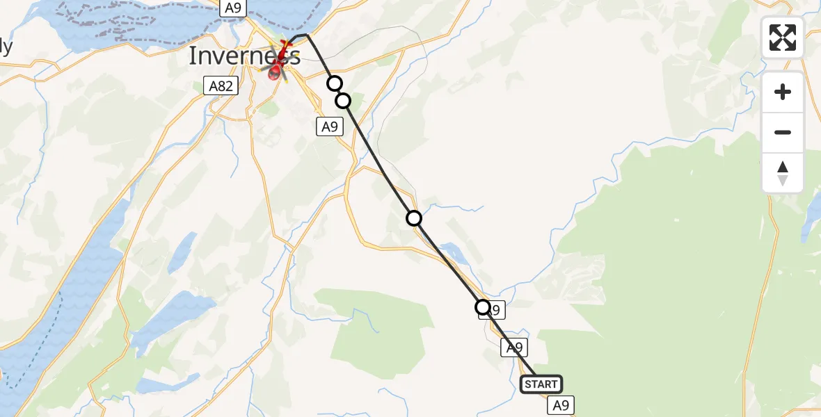 Flight path map showing Air Ambulance Helicopter route from Tomatin to Inverness