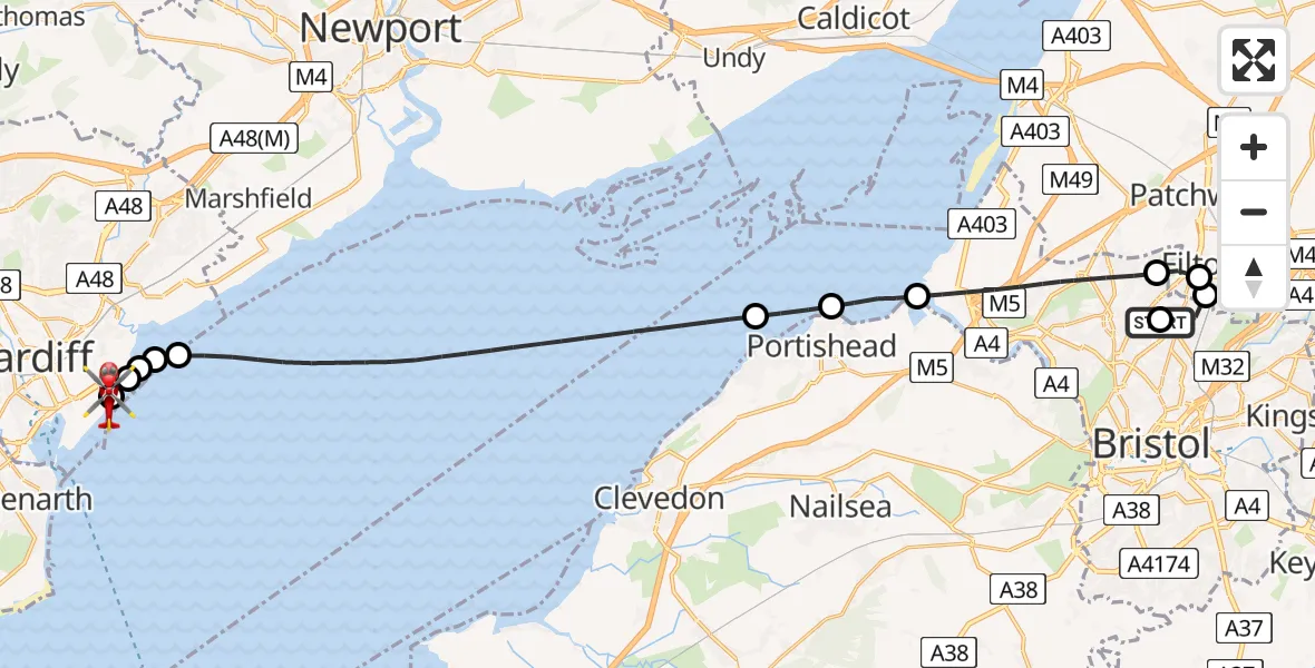 Flight path map showing Air Ambulance Helicopter route from Southmead Hospital to Cardiff Heliport
