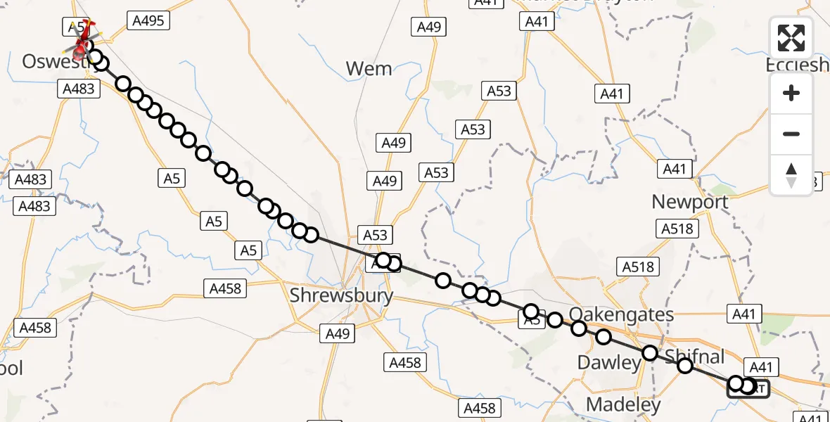Flight path map showing Air Ambulance Helicopter route from RAF Cosford to Park Hall