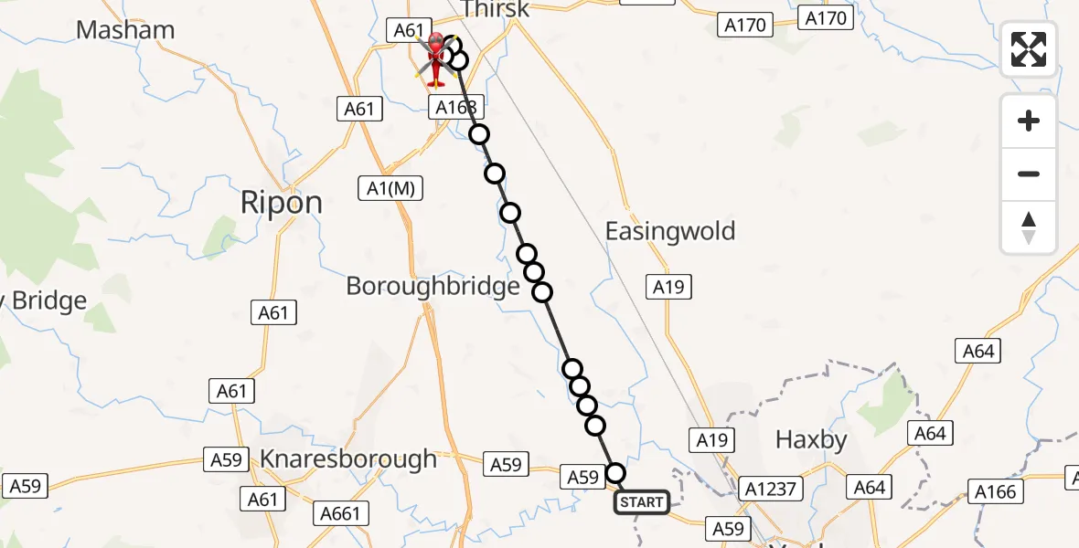 Flight path map showing Air Ambulance Helicopter route from Moor Monkton to RAF Topcliffe