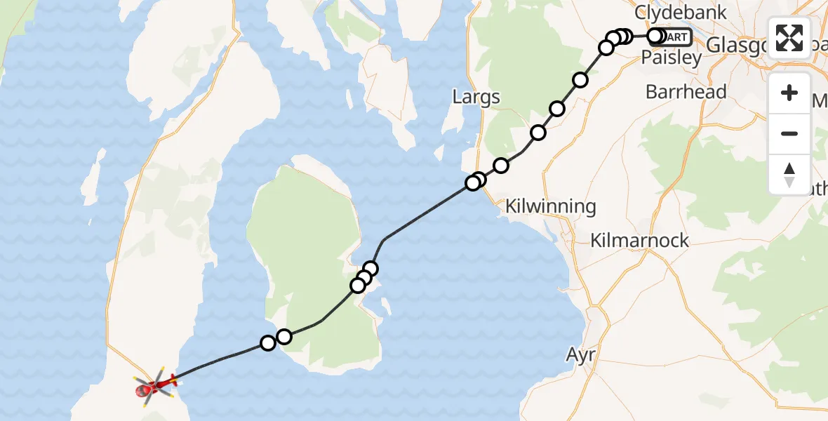 Flight path map showing Air Ambulance Helicopter route from Glasgow Airport to Campbeltown